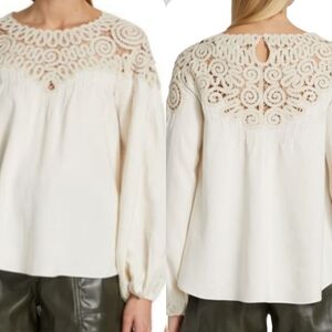 Jonathan Simkhai Size Small Maribel Shell White Lace Yoke Peasant Blouse NWT